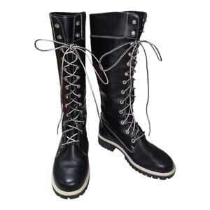 Timberland Black Leather Knee High Lace‎ Up Boots Women's Tall Boots 6 5 M NEW